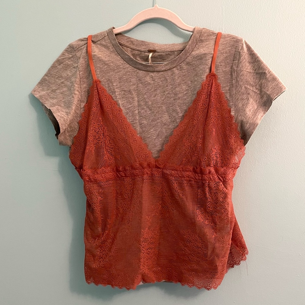 Free People T-Shirt with Red-Orange Lace Cami Overlay